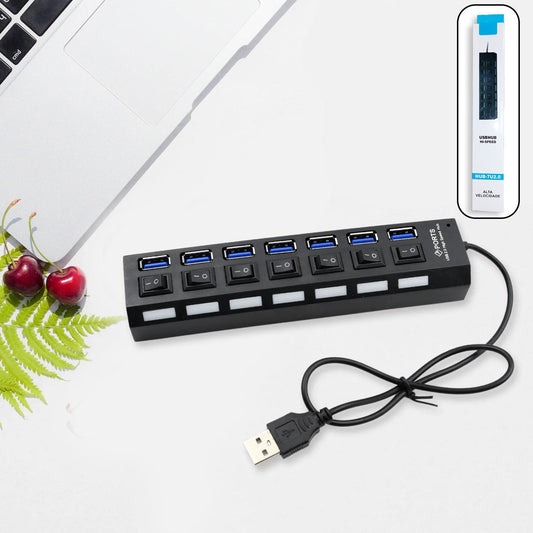 USB Splitter Multi Port USB 2.0 Hub, 7 Port with Independent On/Off Switch and LED Indicators USB A Port Data Hub, Suitable for PC Computer Keyboard Laptop Mobile HDD, Flash Drive Etc